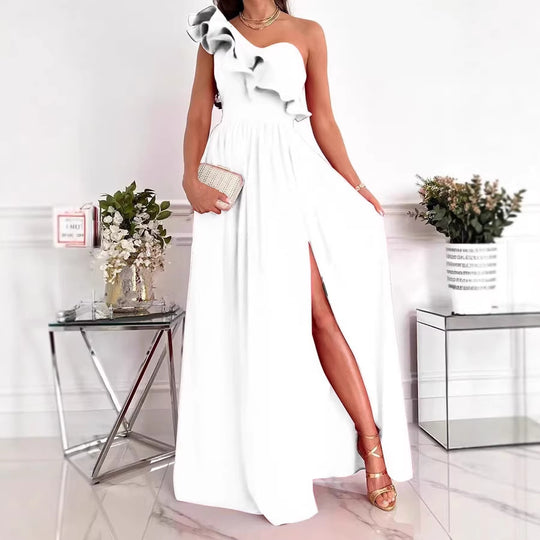 Damen Maxikleid mit asymmetrischem Schnitt und voluminösem Rüschendetail EB