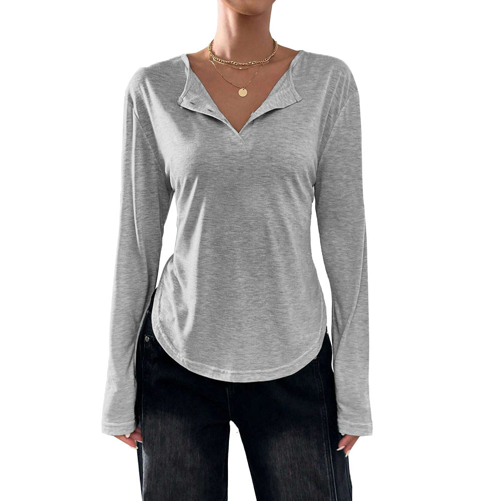 Damen legeres V-Ausschnitt Langarmshirt mit offenem Kragen, weichem Jersey und abgerundetem Saum Eichborn Berlin