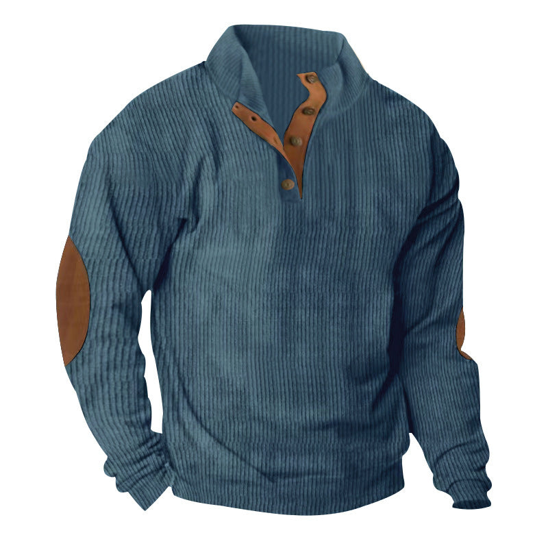 Herren Gerippter Henley-Pullover mit Stehkragen, Knopfleiste & Leder-Ellbogenpatches EB