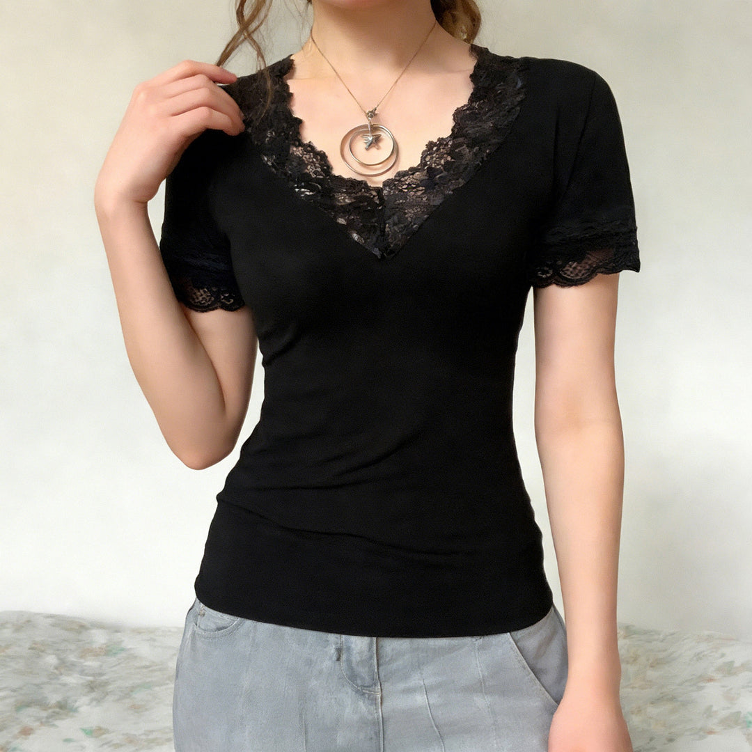 Damen Elegantes Spitzen-T-Shirt mit V-Ausschnitt und Kurzarm EB