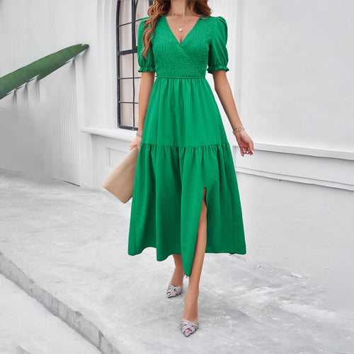 Damen Maxikleid mit hohem Schlitz und Puffärmeln EB