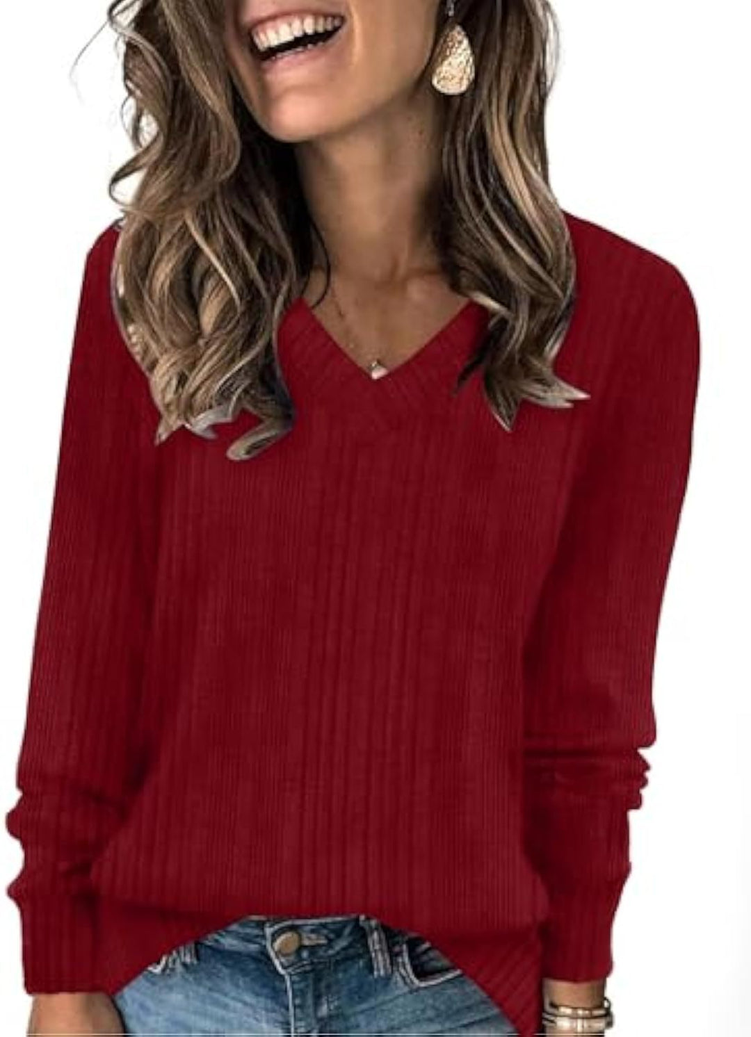 Damen gerippter V‑Ausschnitt Feinstrickpullover mit längerem Arm EB