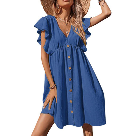 Damen Luftiges Sommerkleid mit verspielten Rüschendetails und Knopfverschluss EB