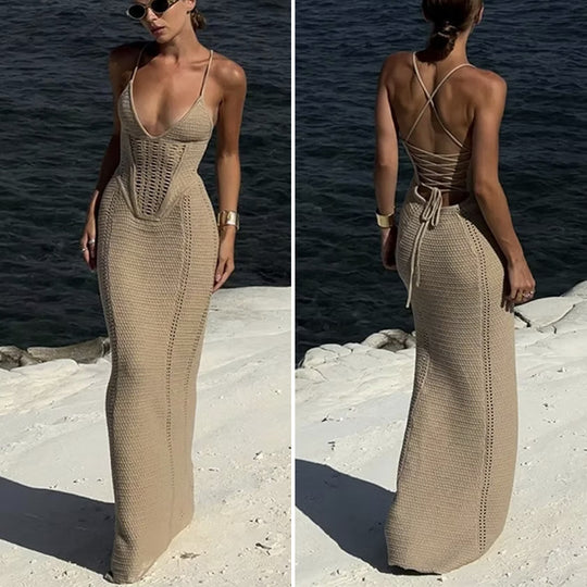Damen Häkel-Maxikleid mit tiefem V-Ausschnitt und figurbetontem Schnitt EB