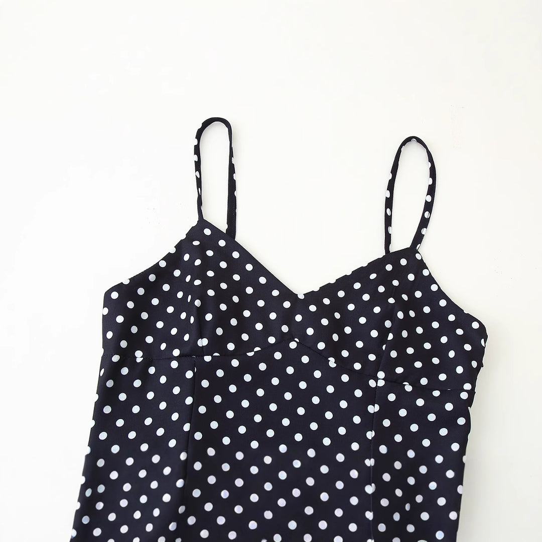 Damen Midikleid mit zarten Spaghetti-Trägern und verspieltem Polka-Dots-Design EB