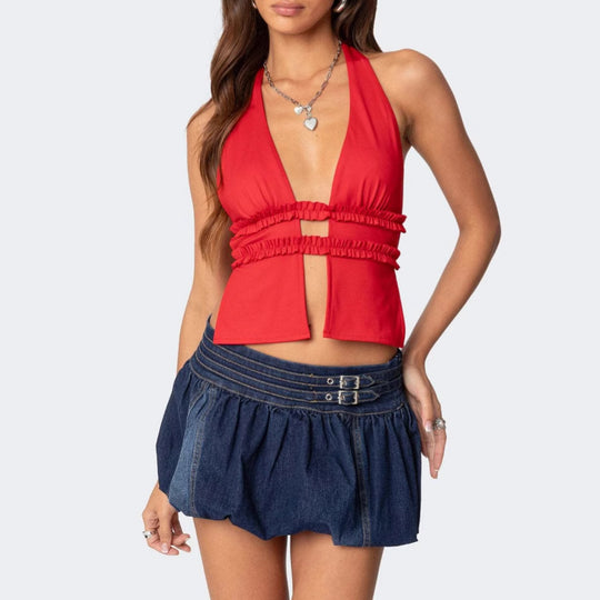 Damen Crop-Top mit raffiniertem Wickel-Design und Rüschendetails EB