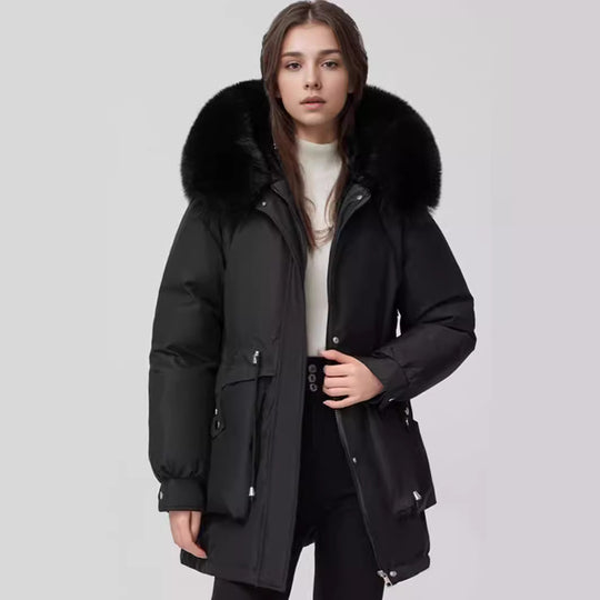 Damen isolierter Parka mit abnehmbarer Kapuze und luxuriösem Kunstfell EB