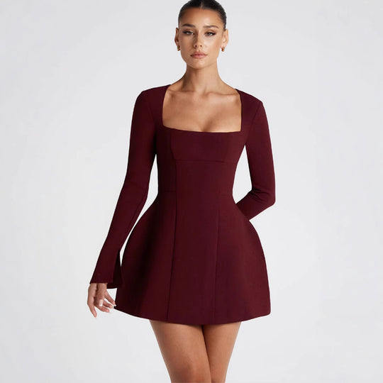 Damen Figurbetontes Minikleid mit elegantem quadratischem Ausschnitt und langen Ärmeln EB