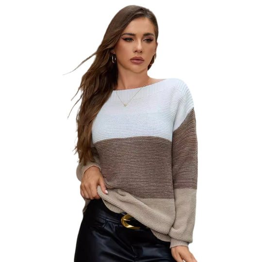 Damen Lässiger Strickpullover mit trendy Farbblockdesign und weitem Schnitt EB