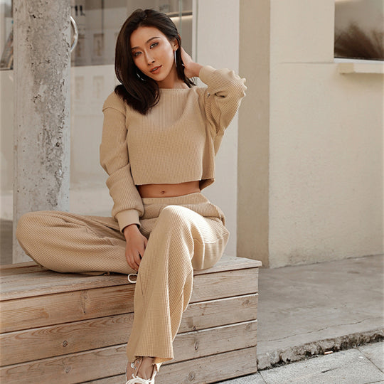 Damen kurz geschnittenes Waffelstrick-Lounge-Set mit hoch taillierter Palazzohose EB