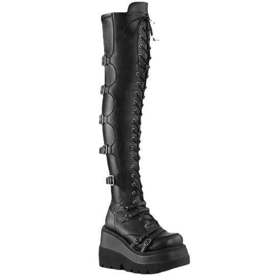 Damen Überknie Stiefel mit Schnallen-Detail und robustem Plateau EB