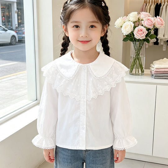 Mädchen Bluse mit eleganter Spitzenverzierung und Rüschendetails EB