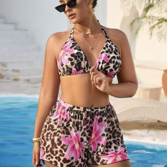 Damen Bikini-Set mit modischem Tiermuster und hoch taillierten Shorts EB