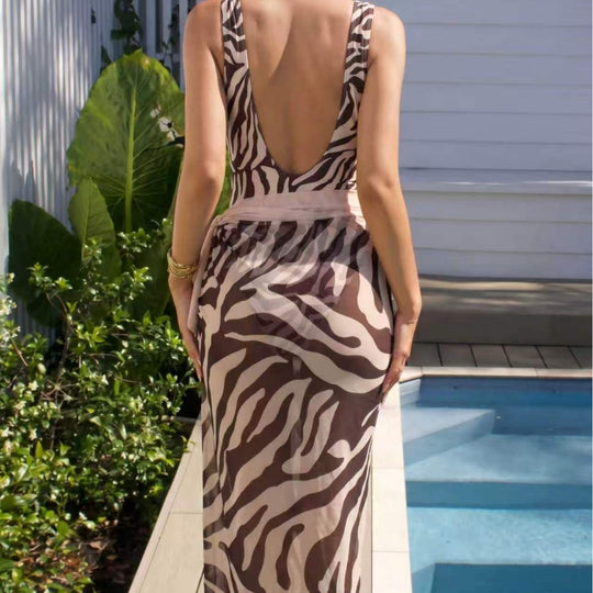 Damen Eleganter Strandmode-Anzug mit tiefem V-Ausschnitt und Gürtel EB