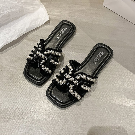 Damen elegante Mules mit Perlenverzierung EB