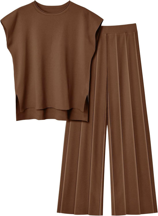 Damen elegantes Set mit kurzärmligem Oberteil und plissierter Hose EB
