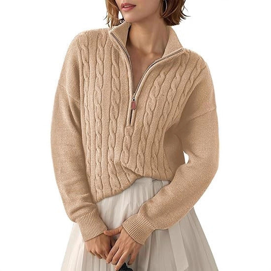Damen Grobstrick Pullover mit Stehkragen und halbem Reißverschluss EB