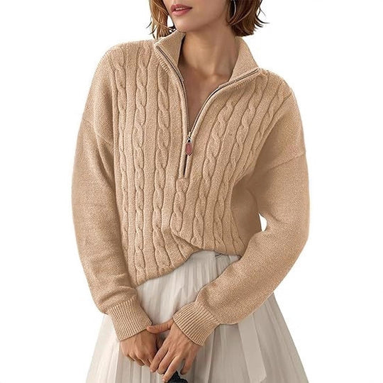 Damen Grobstrick Pullover mit Stehkragen und halbem Reißverschluss EB