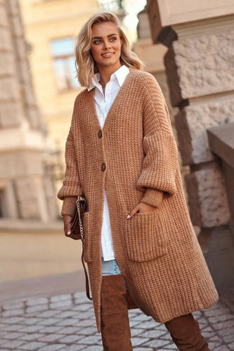 Damen Grober Strickmantel mit praktischen Taschen und modischem Knopfverschluss EB