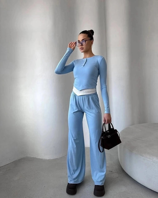 Damen Loungewear-Set aus weichem Modal mit Henley-Knopfleiste und weitem High-Waist Jogger EB