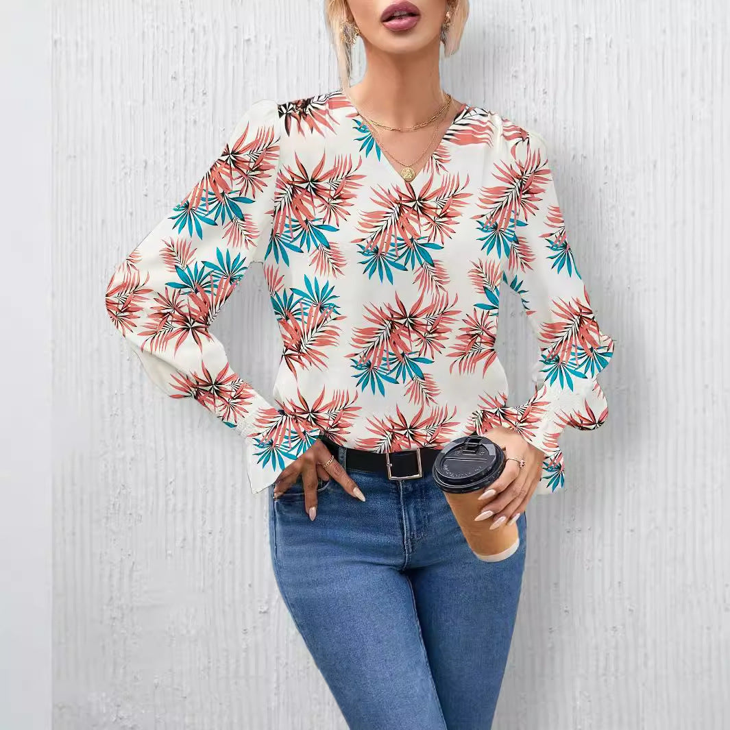 Damen Elegante Bluse mit floralem Design und weiten Ärmeln EB