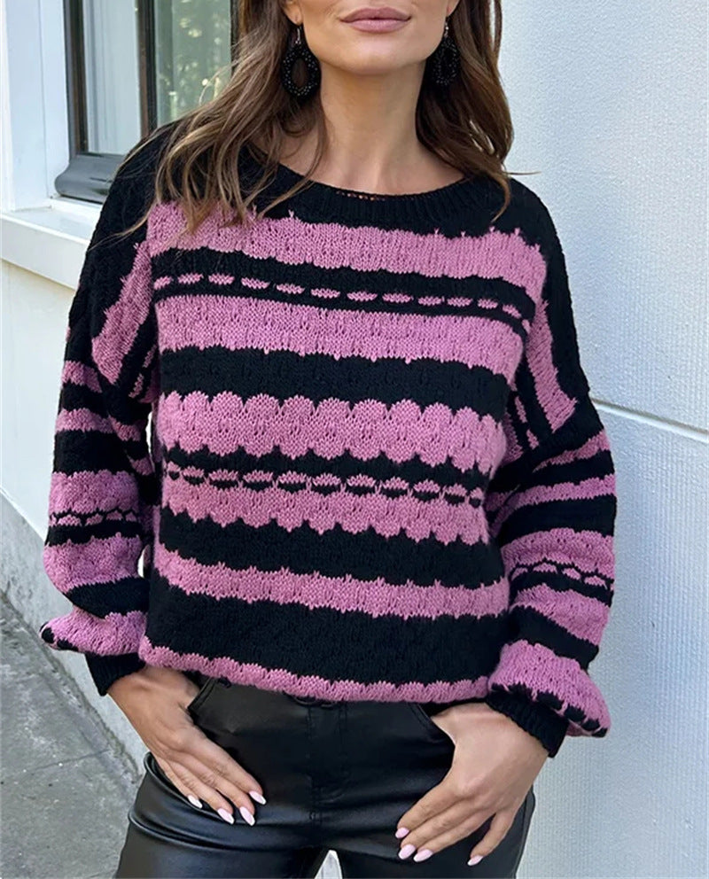 Damen gemütlicher Strickpullover mit modernem Zopfmuster und grafischen Akzenten EB