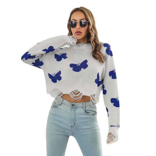 Damen Strickpullover mit einzigartigem Schmetterlingsdesign und trendigem Fransenabschluss EB