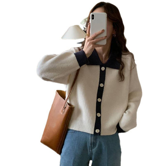 Damen Übergrößen Strickjacke mit kontrastierenden Kragen und Knopfdetail EB