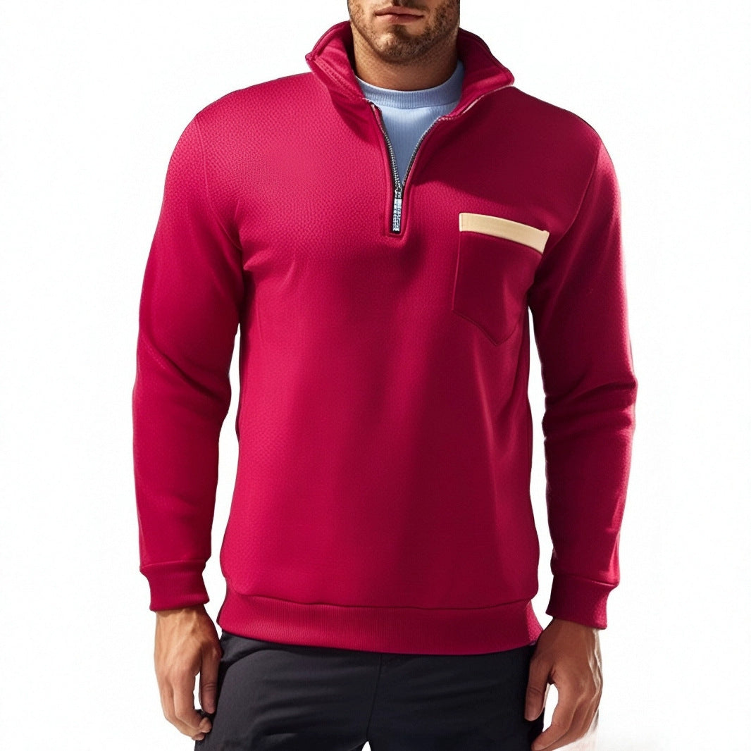 Herren nan feinstrukturiertes Halbzip-Feinstrickpullover mit Stehkragen, Brusttasche und schmaler Silhouette EB