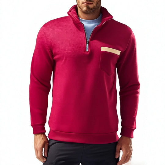 Herren nan feinstrukturiertes Halbzip-Feinstrickpullover mit Stehkragen, Brusttasche und schmaler Silhouette EB