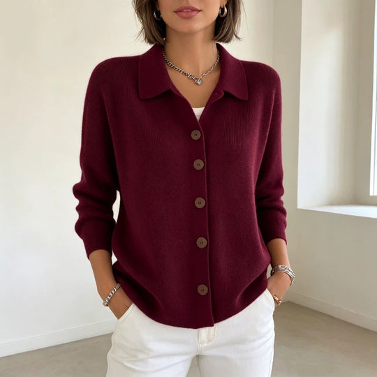 Damen Feinstrick-Cardigan mit Hemdkragen, entspannter Silhouette und Holzknöpfen EB