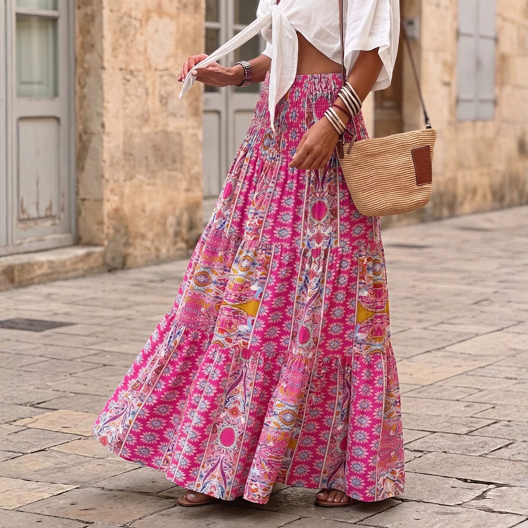 Damen nan gestufter Maxirock mit floralem Print, elastischem Smockbund und Volantkanten EB