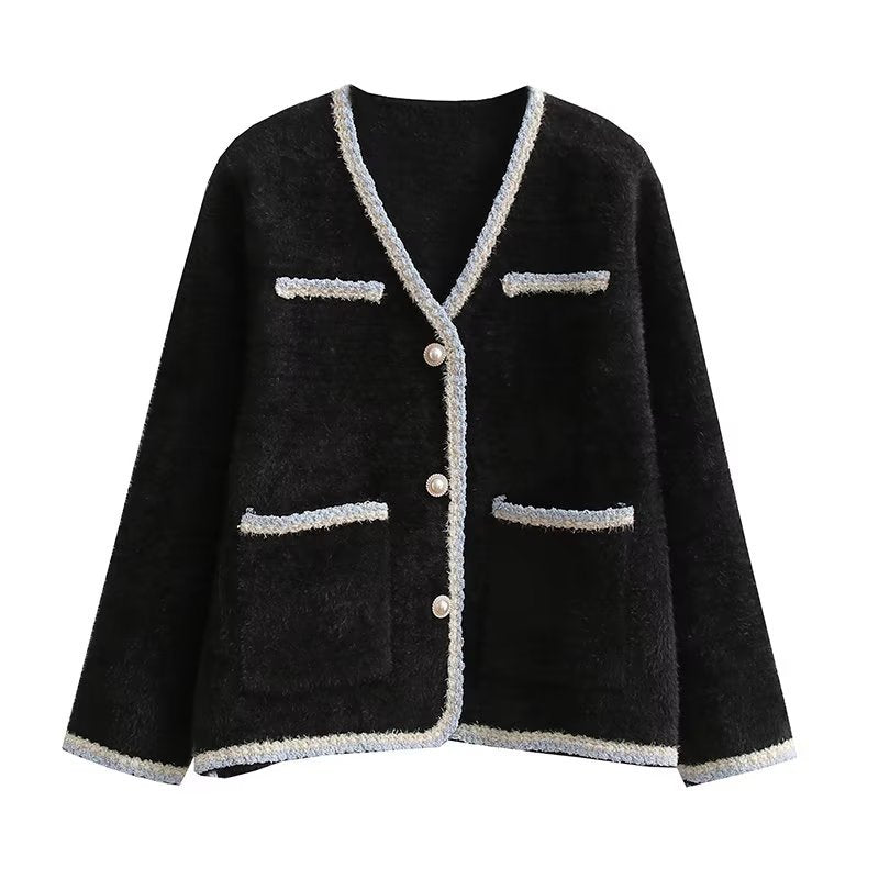 Damen elegante Strickjacke mit dekorativen Perlenknöpfen und praktischen Taschen EB
