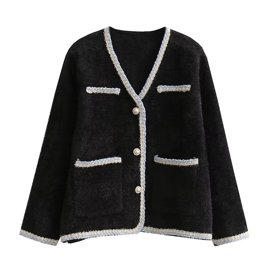Damen elegante Strickjacke mit dekorativen Perlenknöpfen und praktischen Taschen EB