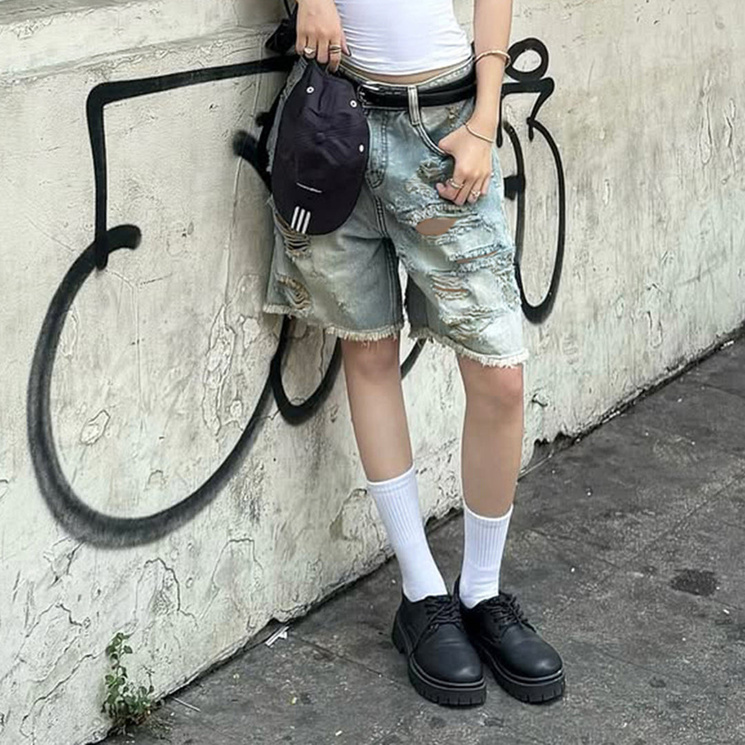 Damen Destroyed Denim-Shorts mit hohem Bund und ausgefransten Säumen EB