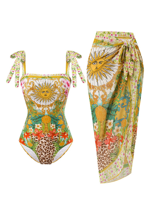 Damen Badeanzug mit floralem Design und transparentem Wickelrock EB
