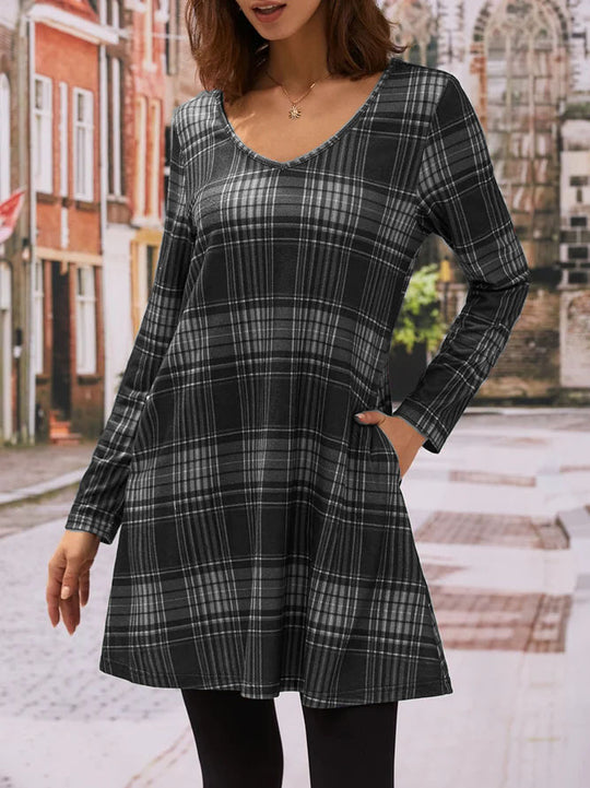 Damen Karo Freizeitkleid mit praktischen Seitentaschen EB