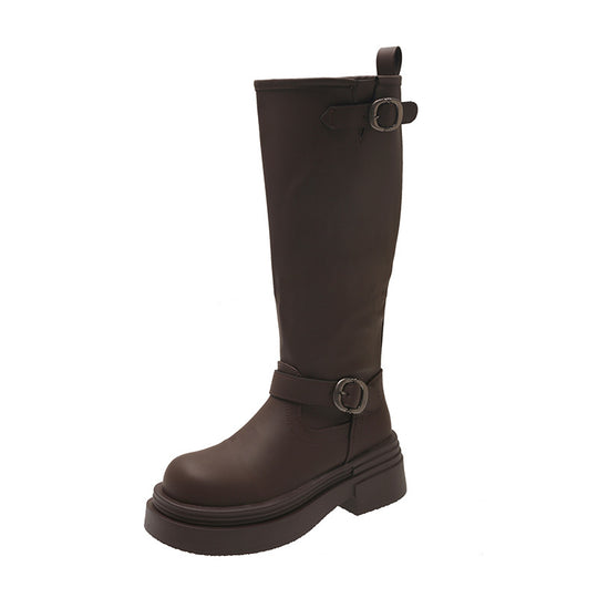 Damen modische kniehohe Stiefel mit coolem Schnallen-Detail EB