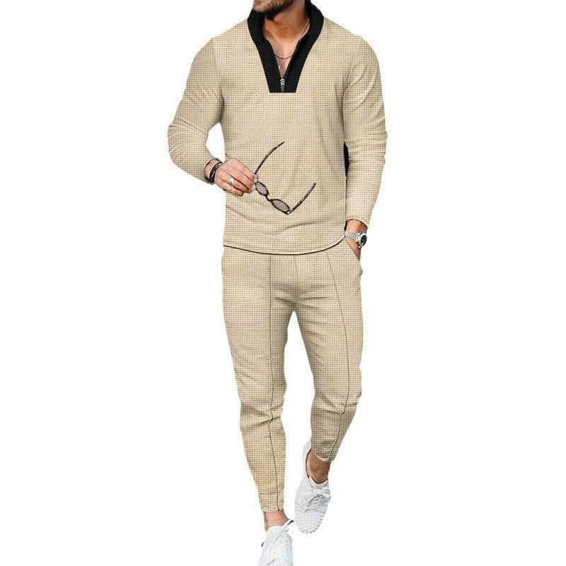 Herren nan modernes Freizeit-Set Halbzip-Henleypullover mit Raglanärmeln und tapered Bügelfalten-Jogginghose EB
