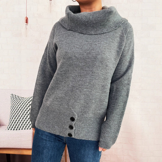 Damen Pullover mit weichem Kragen und dekorativen Knöpfen EB