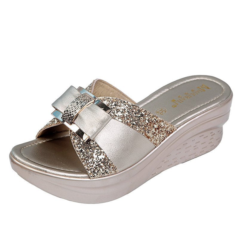 Damen Glitzernde Wedge-Pantoletten mit dekorativem Schleifen-Design EB