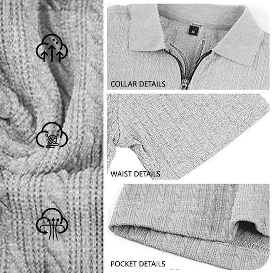 Herren Kurzarm-Strickpoloshirt mit Reißverschluss und Zopfstrickstruktur EB