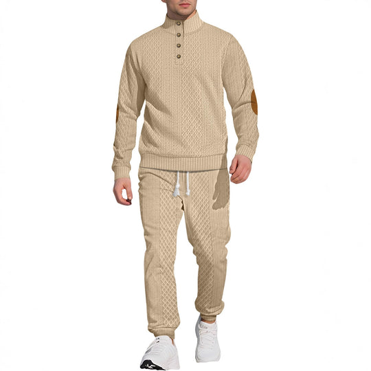 Herren nan strukturiertes Strick-Freizeitset mit Halbknopf-Stehkragen Wildleder-Ellbogenpatches und Kordelbund-Jogger EB