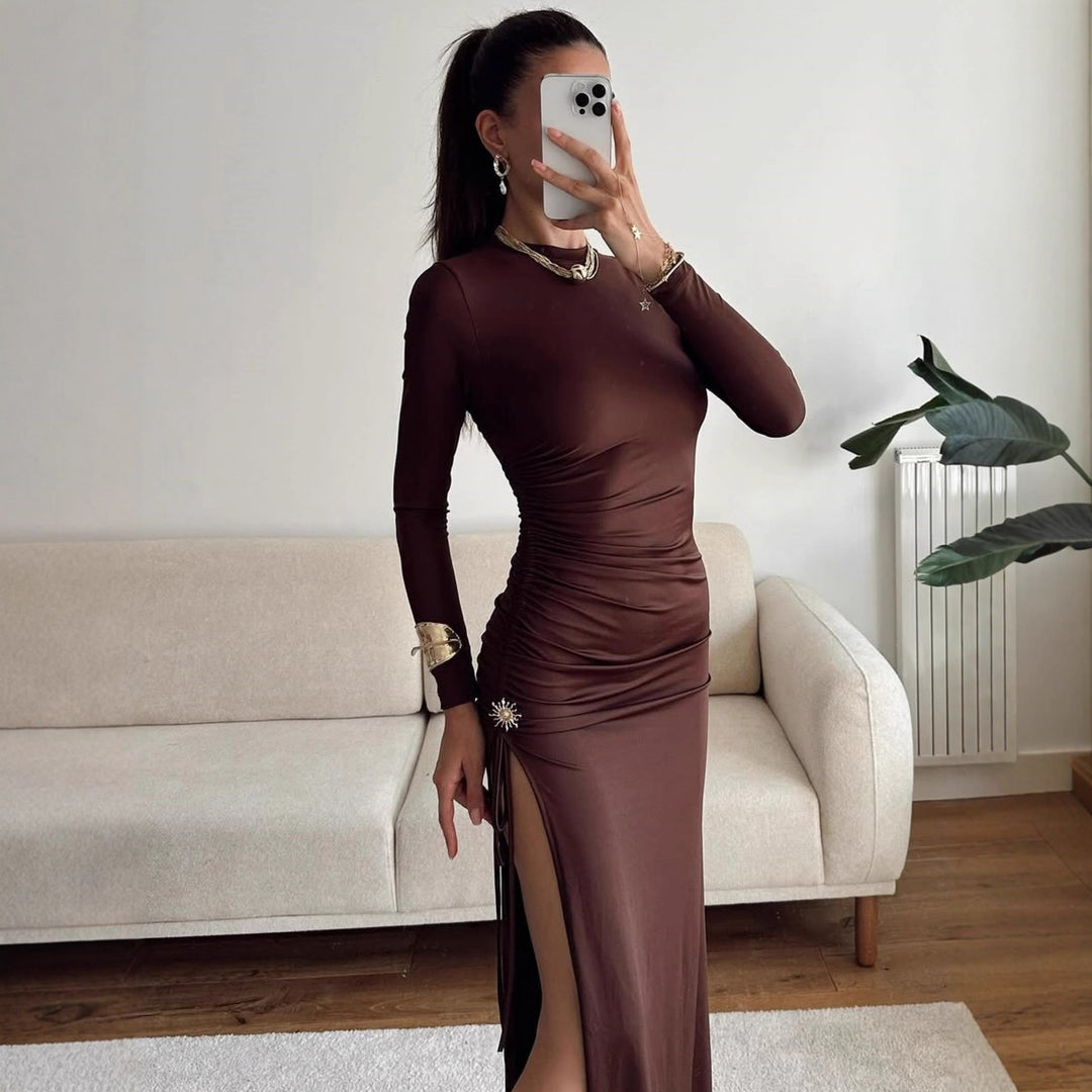 Damen elegantes, figurbetontes Kleid mit Raffungen und hohem Schlitz EB