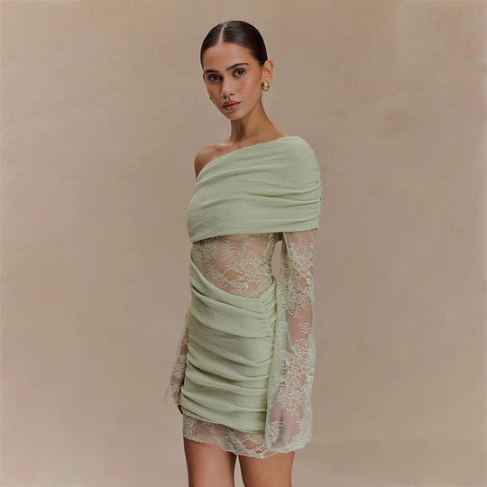 Damen elegantes Minikleid mit Spitzenärmeln EB