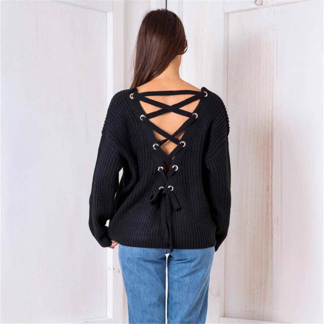 Damen Strickpullover mit dekorativem Rückenausschnitt und Schnürung EB