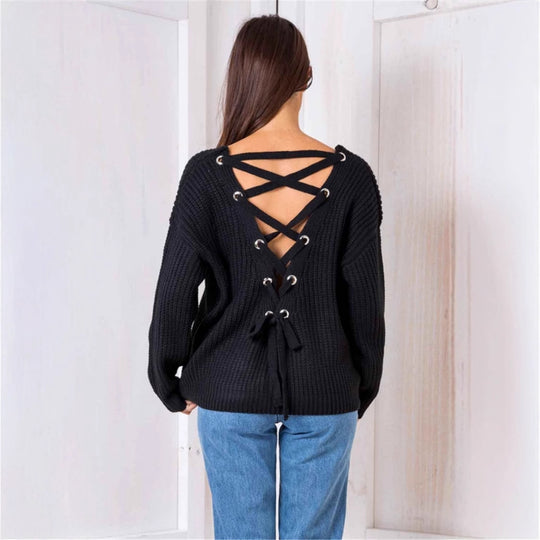Damen Strickpullover mit dekorativem Rückenausschnitt und Schnürung EB