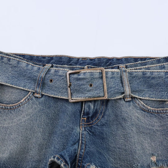Damen modische Destroyed Denim-Shorts mit verstellbarem Gürtel EB
