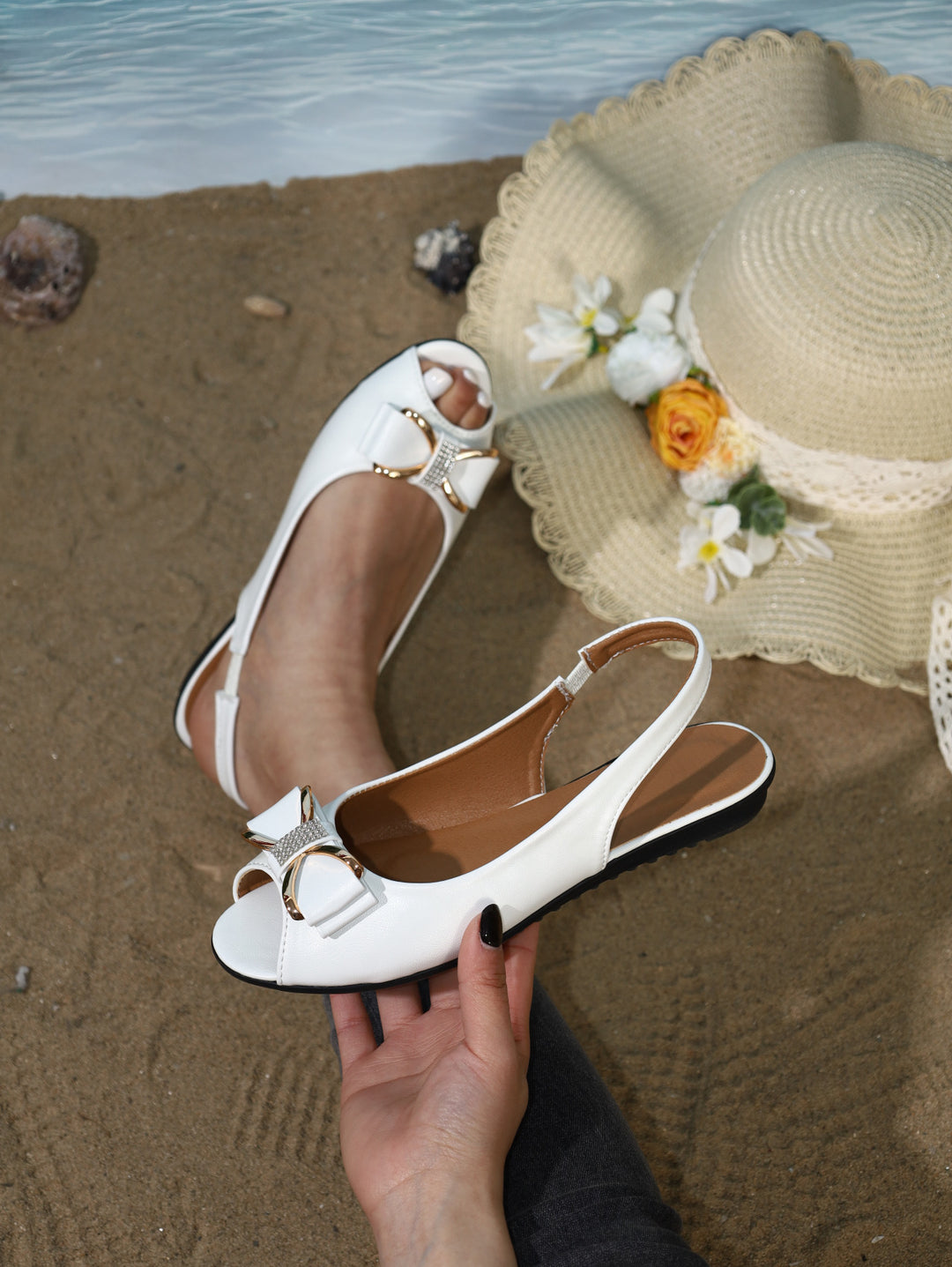 Damen offene Slingback-Sandalen mit funkelnder Schleifenapplikation EB