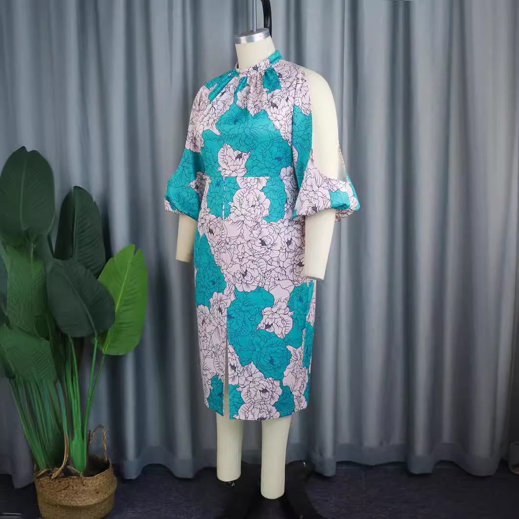 Damen elegantes Wickelkleid mit floralem Muster und modischen Cut-Out-Ärmeln EB